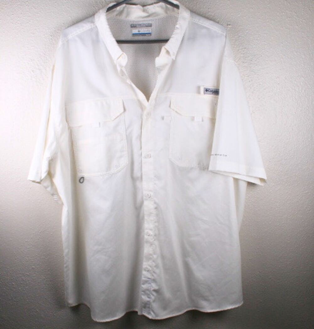 Columbia Mens Fishing Shirt Size XL White Pockets Short Sleeve Omni-Shield